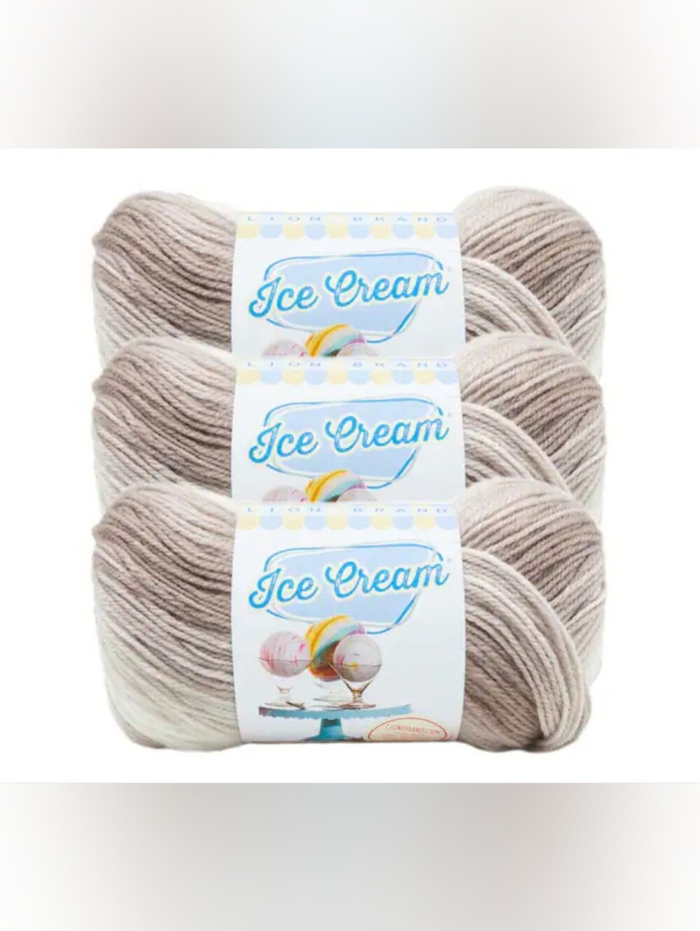 NWT 3-skein Bundle Lion Brand Ice Cream Acrylic Yarn - Coffee.